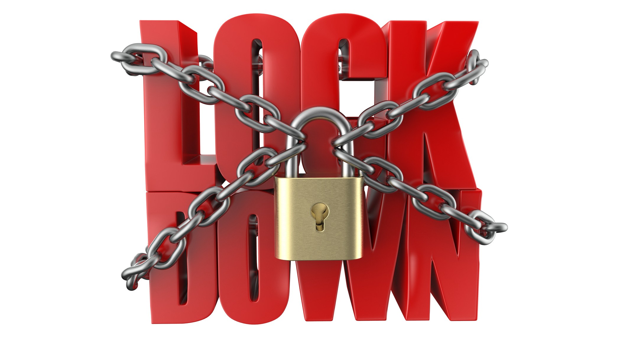 Lock down text with metal chain and lock, 3d illustration.