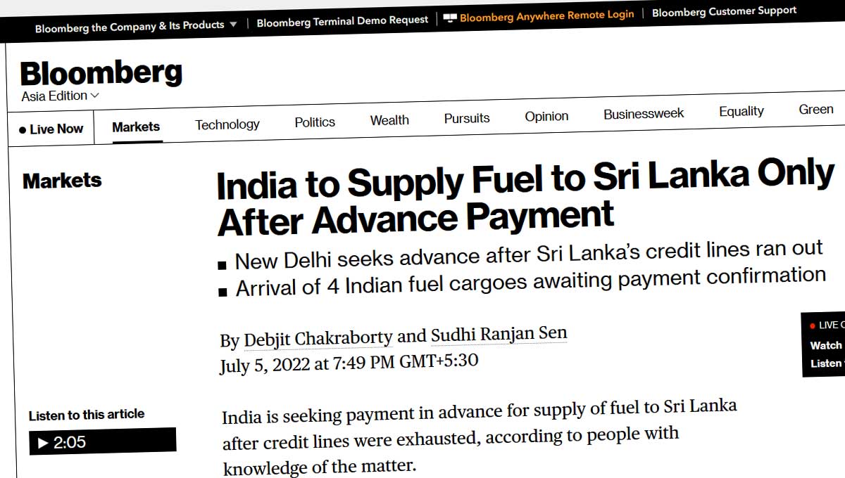India will detain Sri Lanka’s four oil tankers until payment is made- Bloomberg