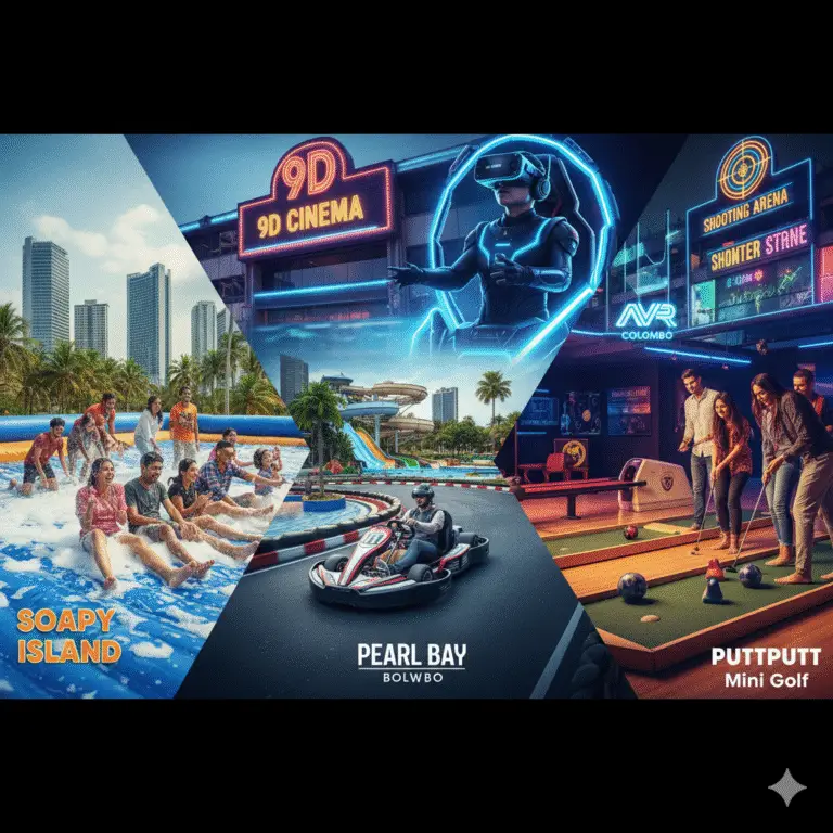 Collage showcasing fun activities in Colombo: Soapy Island soap football, go-karting at Pearl Bay, 9D Cinema, VR gaming at AVR Colombo, and indoor putt-putt mini golf.