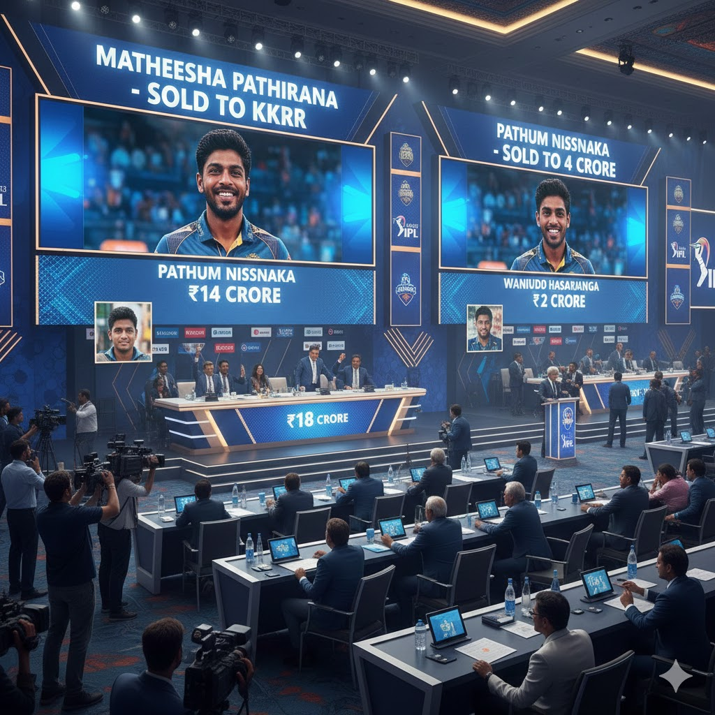 An image showing a high-tech, professional cricket auction room for the IPL. Large digital screens on the stage display the names and faces of Sri Lankan cricketers Matheesha Pathirana and Pathum Nissanka, alongside auction results like "Sold to KKR" and high price tags such as "₹18 Crore." The room is filled with team officials seated at long tables with laptops, surrounded by television cameras and professional lighting, capturing the intense atmosphere of a major sports auction.