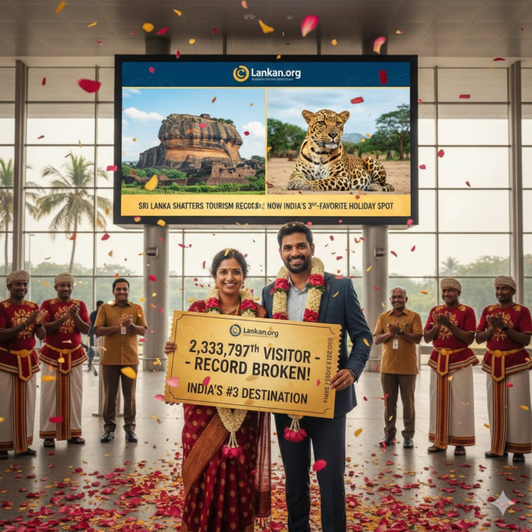 An Indian couple at Bandaranaike International Airport holding a golden ticket celebrating the 2,333,797th visitor to Sri Lanka in 2025, breaking the all-time tourism record.