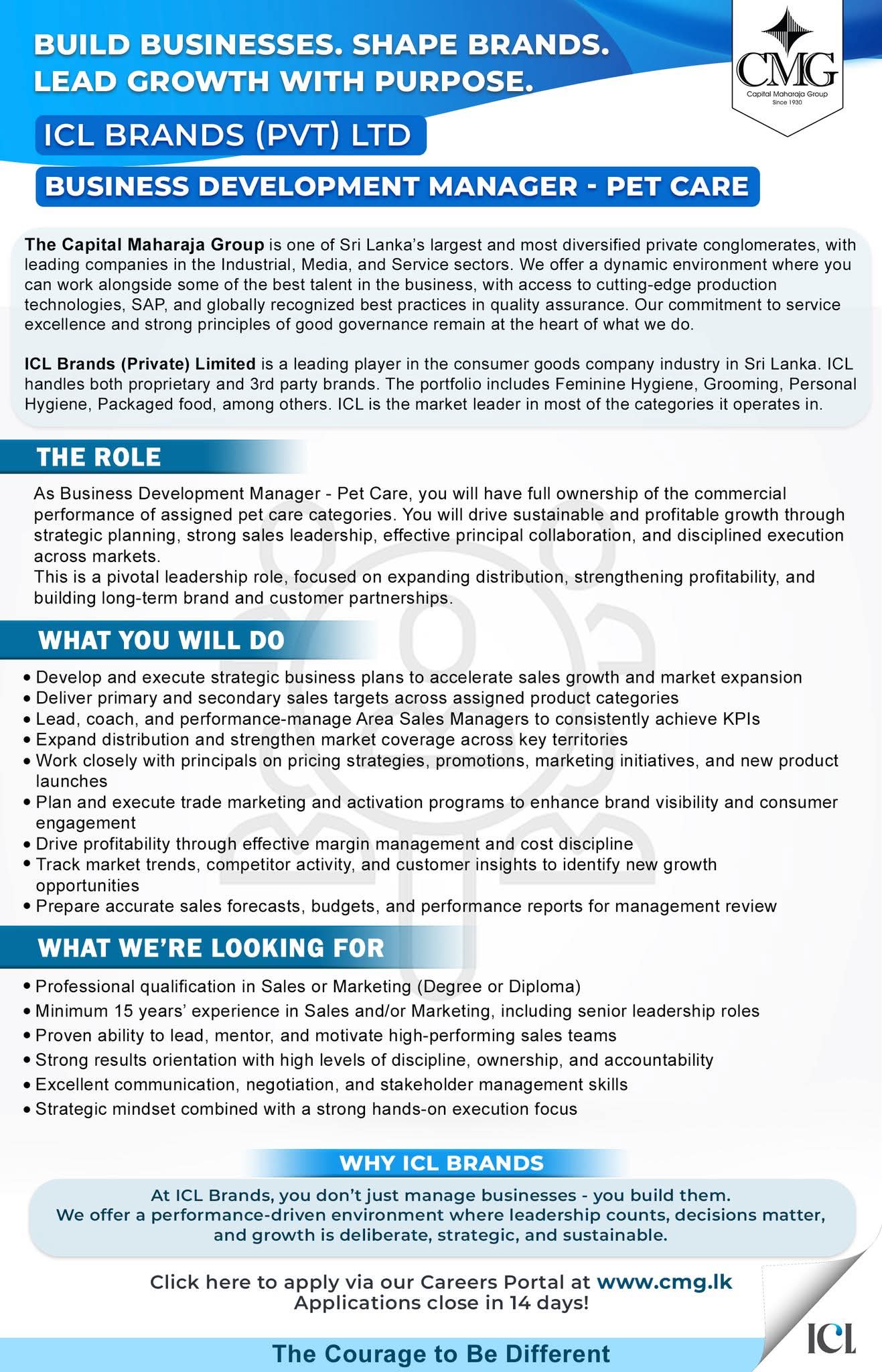 Job Vacancy: Business Development Manager – Pet Care at ICL Brands (Pvt) Ltd