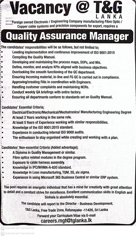 Quality-Assurance-Manager-Job-TG-Lanka-Katunayake.