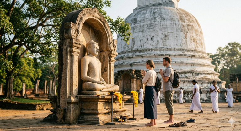 Two tourists practicing respectful temple etiquette by standing to the side of a Buddha statue in Sri Lanka, dressed modestly with shoulders and knees covered.