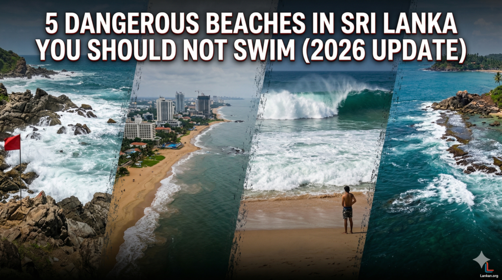 A collage of four dangerous beaches in Sri Lanka featuring Kirinda’s rocky shore with a red warning flag, the urban coastline of Mount Lavinia, powerful shore break waves at Tangalle, and the rocky reef currents of Mirissa. The image includes a bold title overlay: "5 Dangerous Beaches in Sri Lanka You Should Not Swim (2026 Update)" with the Lankan.org logo.