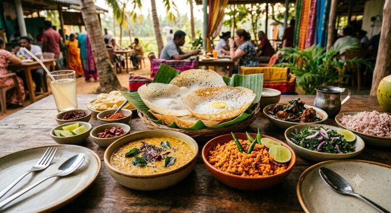 Vibrant Sri Lankan food spread featuring hoppers and curries for 2026 travel feature.